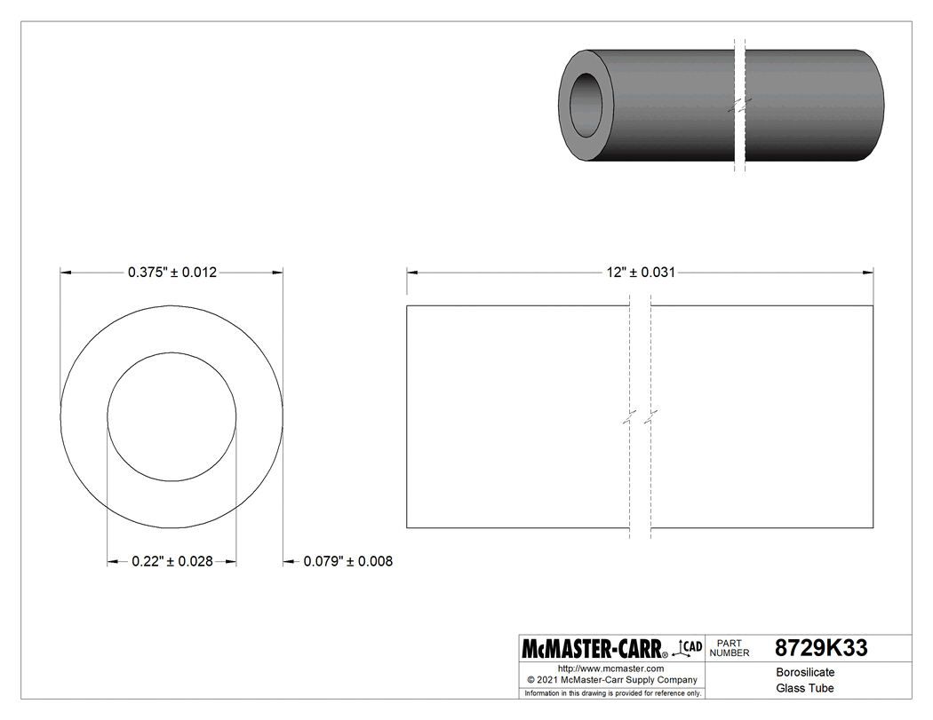 Technical Drawing of Borosilicate Glass Tube, 3/8" OD, 0.22" ID, 12" Long.